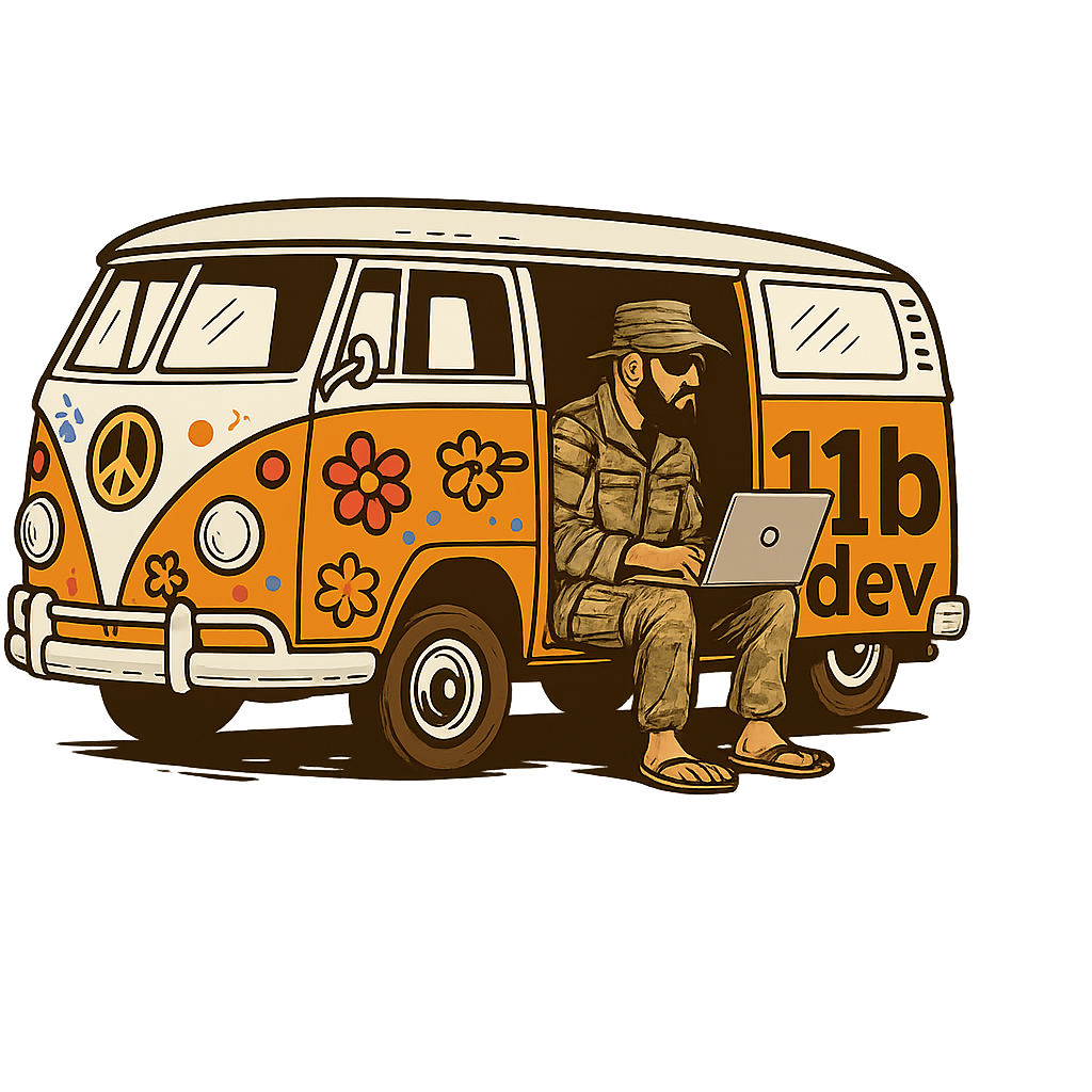 Veteran developer working from hippie van - the perfect blend of military precision and creative freedom